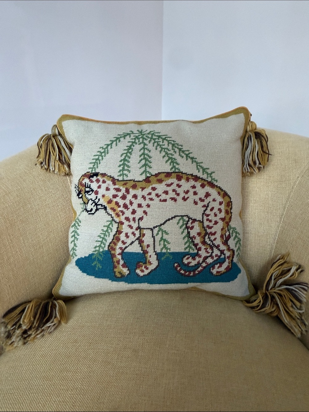 Tory Burch Needlepoint Cheetah Accent Pillow in Cream, Gold and Blue